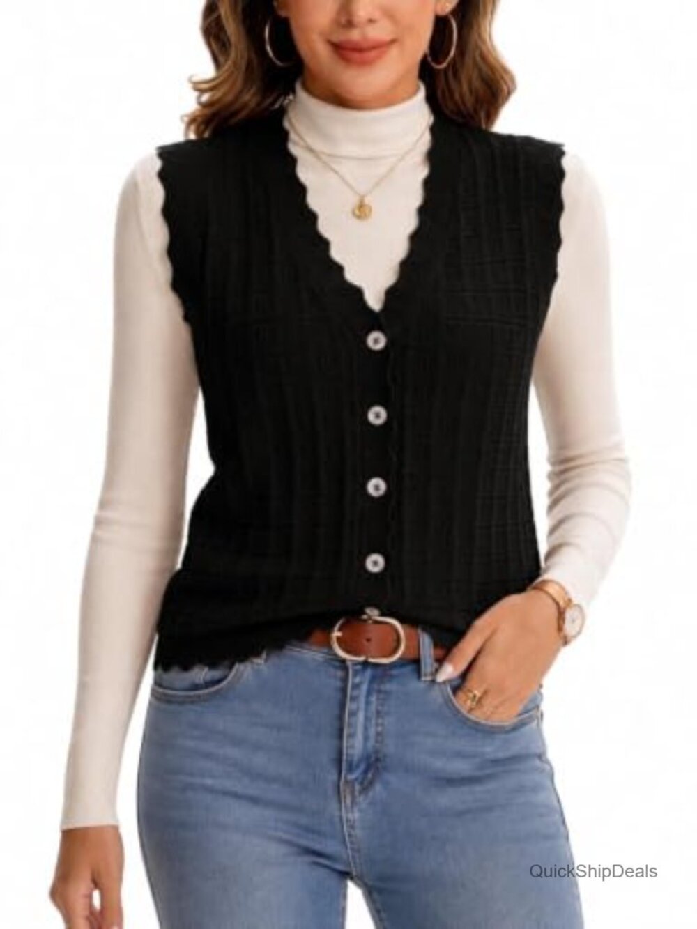 Waffle Knit Sweater Vest Sleeveless Button Up V Neck Layering Top